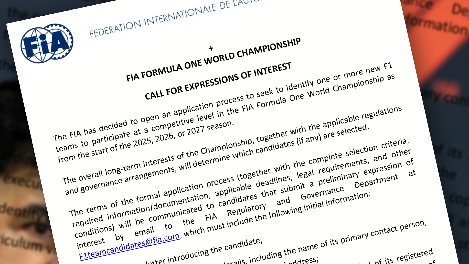 FIA : ouverture officielle du processus de candidature pour de futures écuries de F1